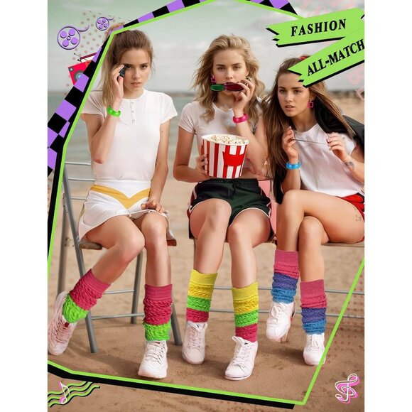 80s 90s Accessories Set for Women Neon Socks Bracelets Earrings Retro Style - Picture 4 of 7